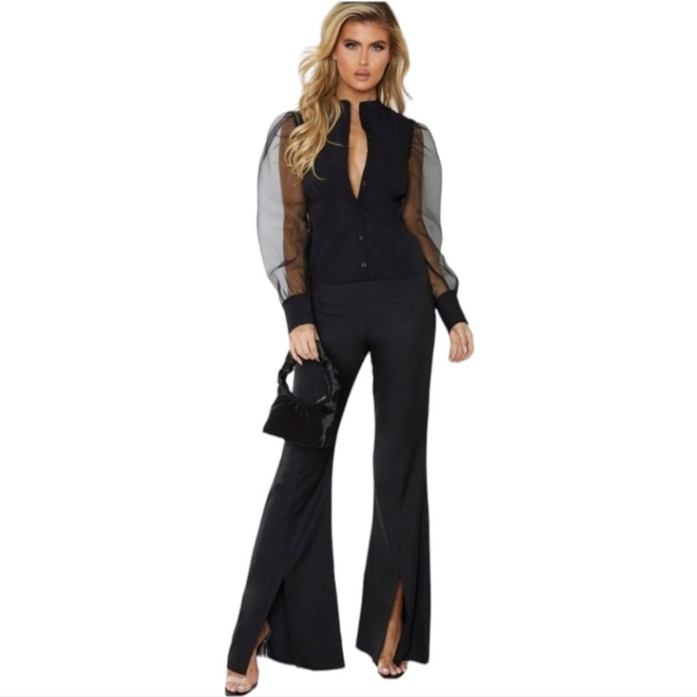 Prettylittlething -493 Black Organza Oversized Long Balloon Sleeve Blouse Nwt 2